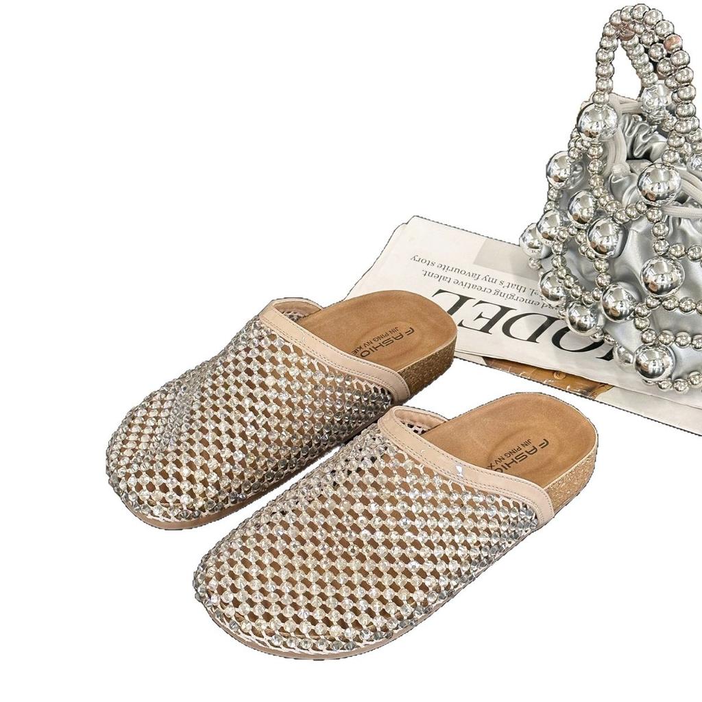 2025 summer rhinestones full diamonds fishing net baotou big head baotou half slippers sandals toboken shoes flat women's shoes