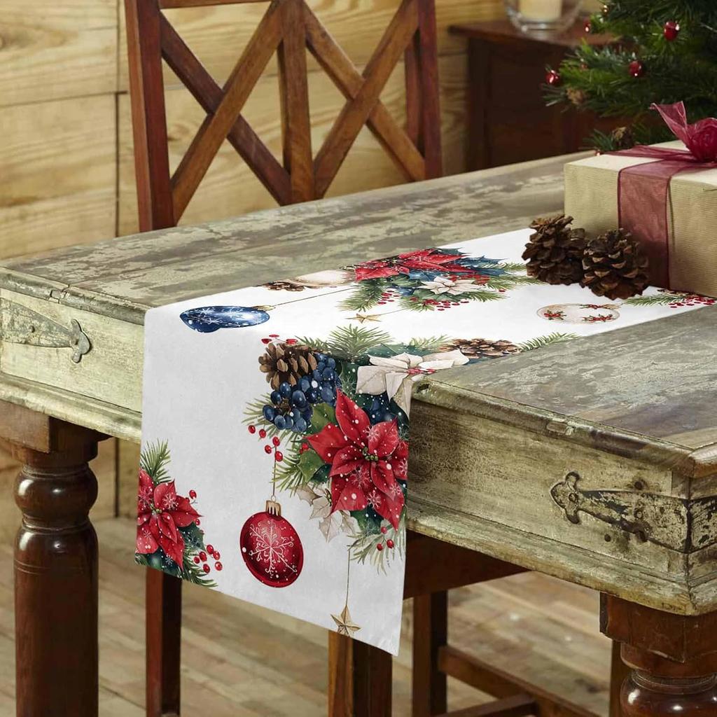 Christmas Ball Poinsettia Flowers Berry Linen Table Runner Party Decor Winter Xmas Snowflake Table Runners Christmas Decorations