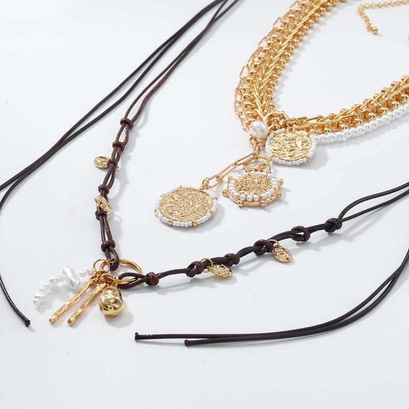 Handmade Vintage Geometric Layered Pendant Necklace Women Zinc Alloy Gold Tone PearlStyle Statement Jewelry