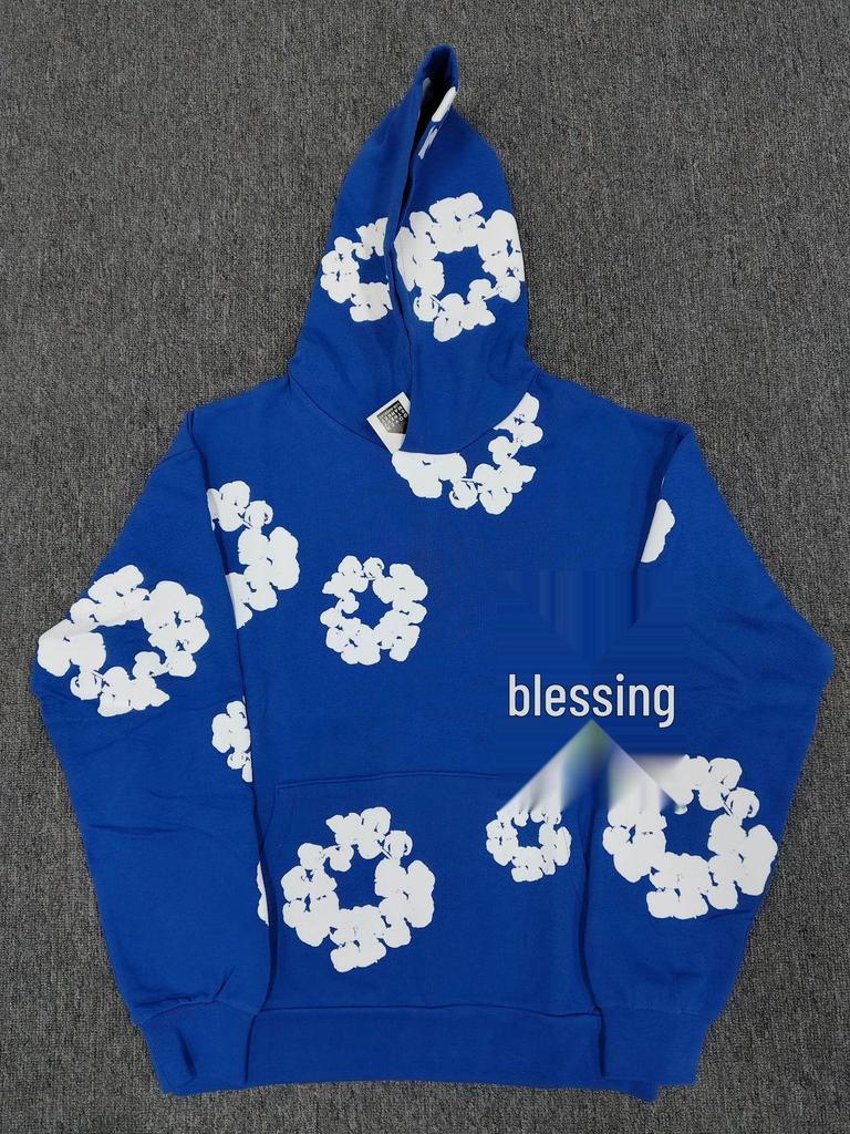 Schwerer Baumwoll-Denim-Hoodie mit Blumenmuster - Trendige amerikanische Streetwear-Jacke für Herren