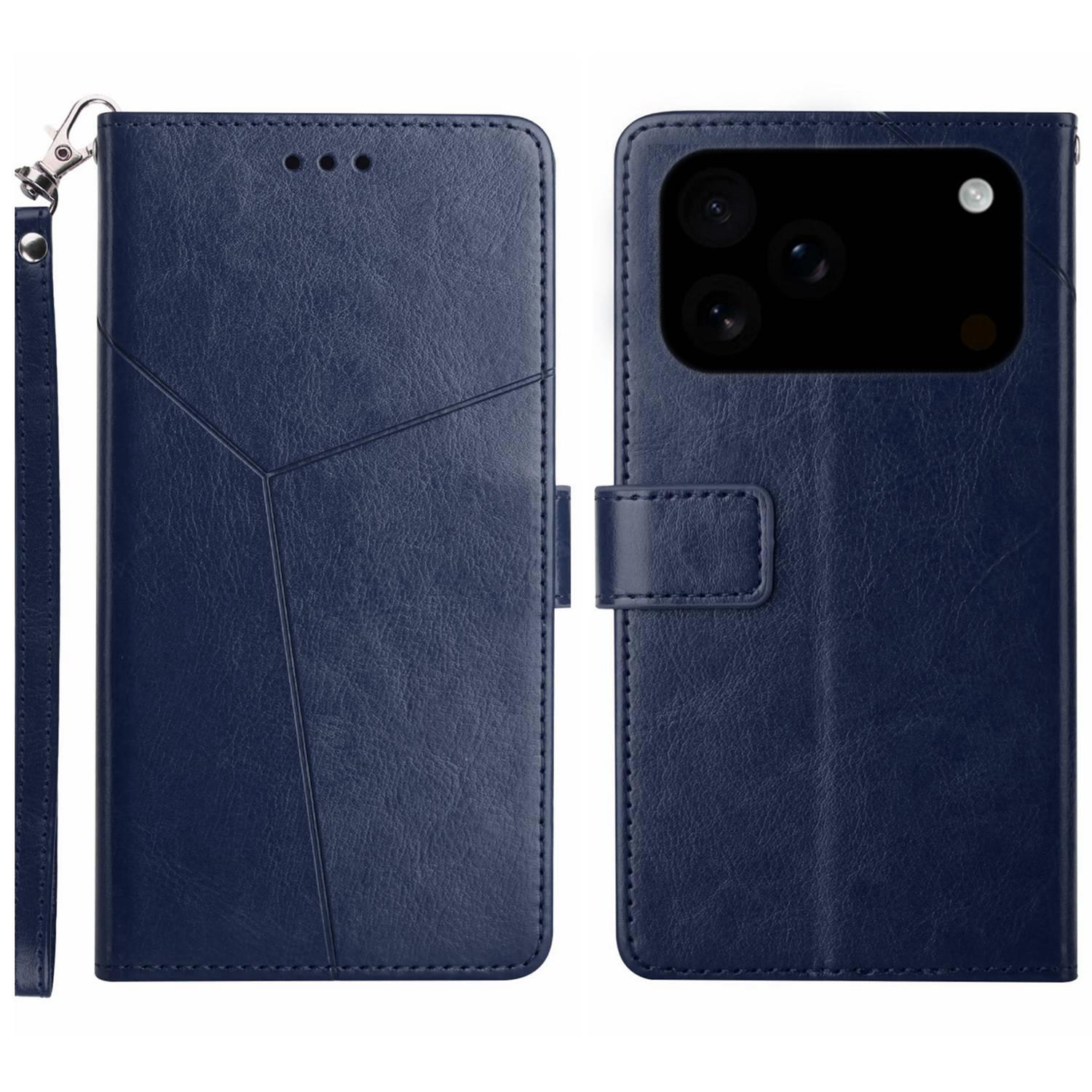 For iPhone 17 Pro Case with Wrist Strap Y Shaped Lines Imprint Leather Phone Cover D