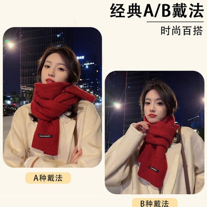 New Christmas gift red knitted solid color scarf women's winter warm plaid versatile wool scarf