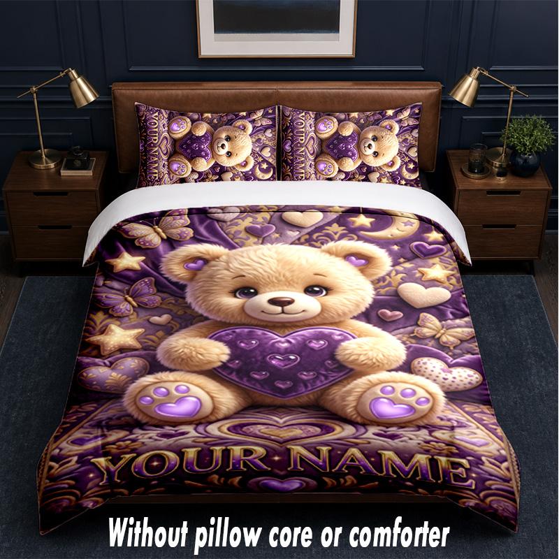 Teddy Bear Theme Custom Text Or Name 3Pcs Bedding Set,1 Flat Sheet & 2 Pillowcases Personalized Home Bedding