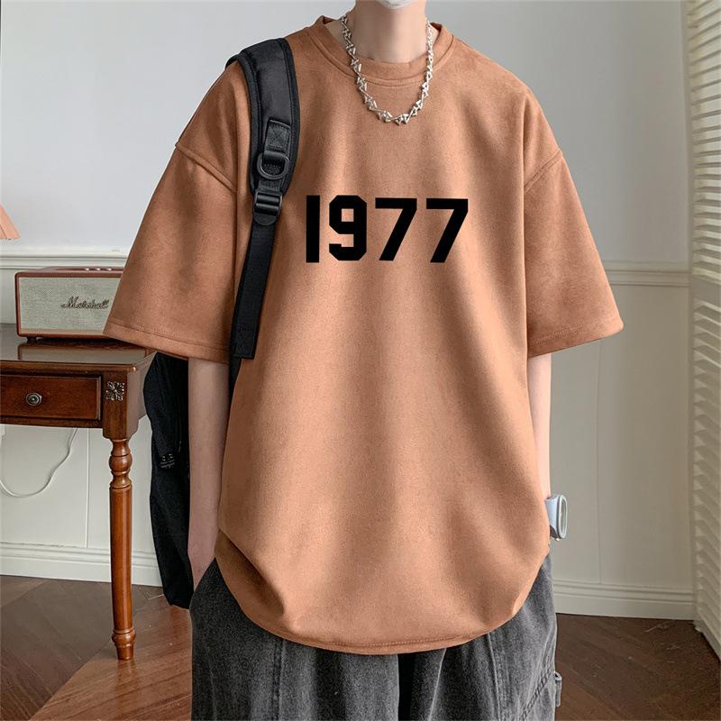 1977 Printed T-shirt Men's Summer Suede Short Sleeve Casual High Street Vintage Oversized T-shirt