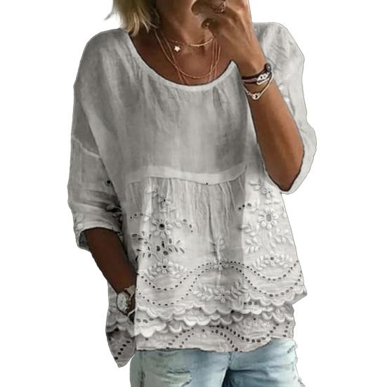 

Women T-shirt Round Neck Half Sleeve Embroidery Flower Pattern Loose Hem Tee Shirt Pure Color Pleated Design Summer S белый