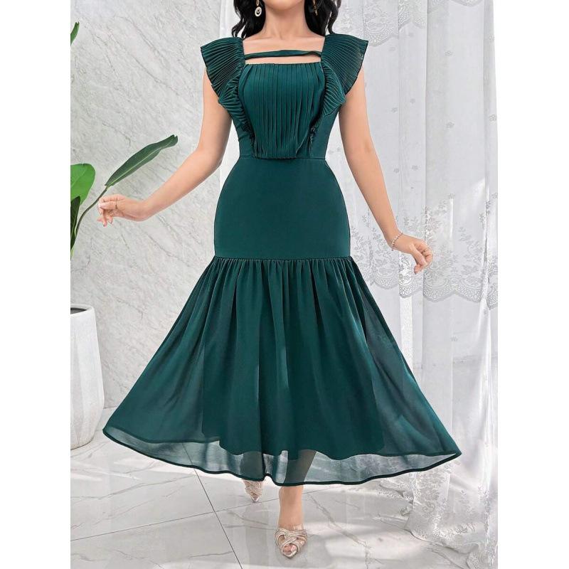 Hollow out summer new solid color square neck splicing ruffle edge pleated design elegant long dress women S