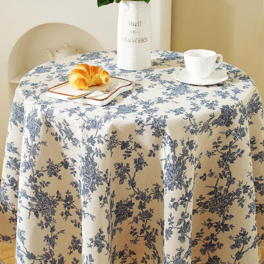 Pastoral Round Tablecloth, Vintage Cotton Linen Washable Table Cloth, Blue Flower Table Cover For Patio Table, Dining Room Decor