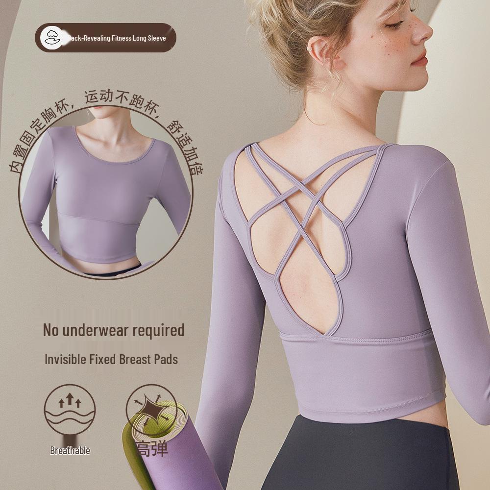 Damen Herbst/Winter Yoga Top mit integriertem BH, Langarm, Ausgeschnittenem Rücken, Trägern und Polstern.