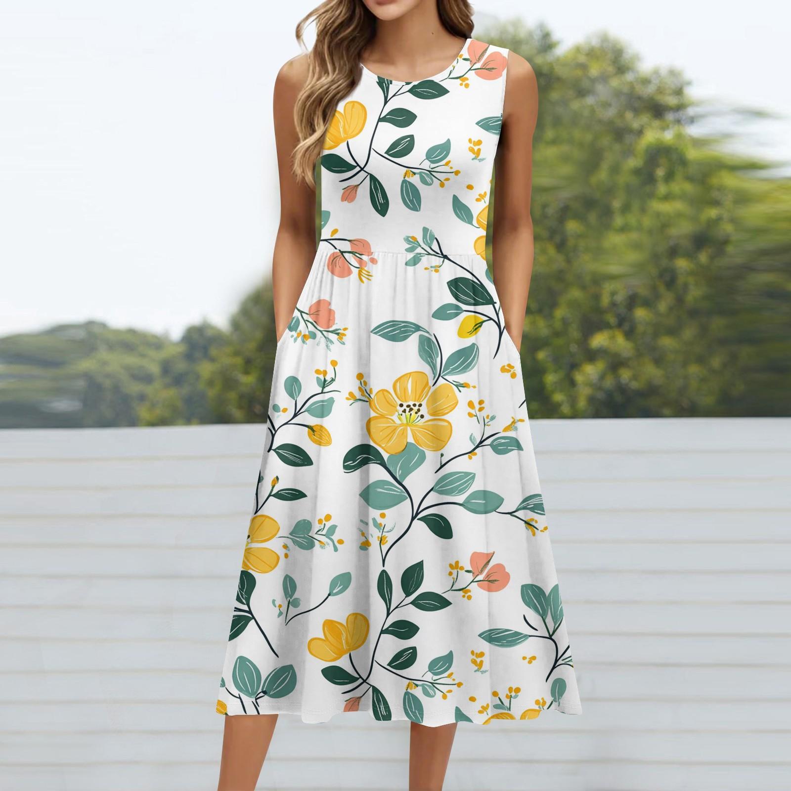 

Женское модное платье средней длины с круглым вырезом и принтом без рукавов XL жёлтый