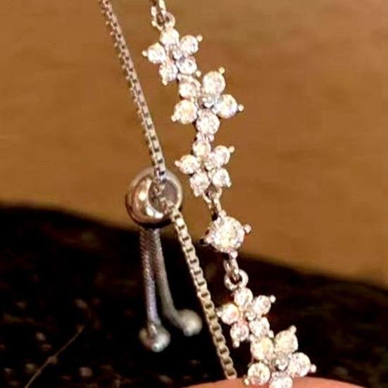 Cubic Zirconia Flower Bracelet, Adjustable Pull-Out Design Bracelet, Slim Lightweight Fit Wristband Jewelry Gift