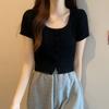T-shirt for Women in Summer New Sweet Spicy Pure and Slim Design Short Sleeves Front Shoulder Slim Short Knitted Top