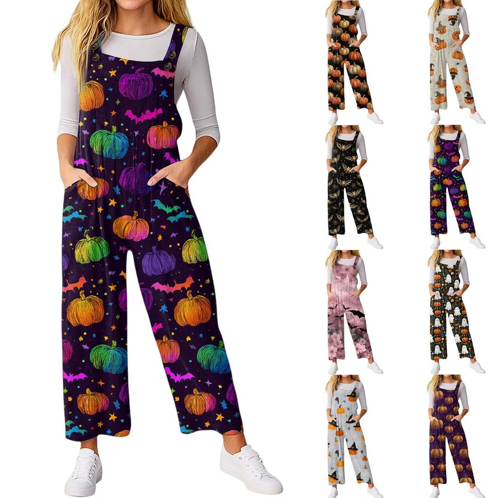 Women’s Loose Casual Sleeveless Jumpsuit Halloween Printed Jumpsuit Printed Jumpsuit