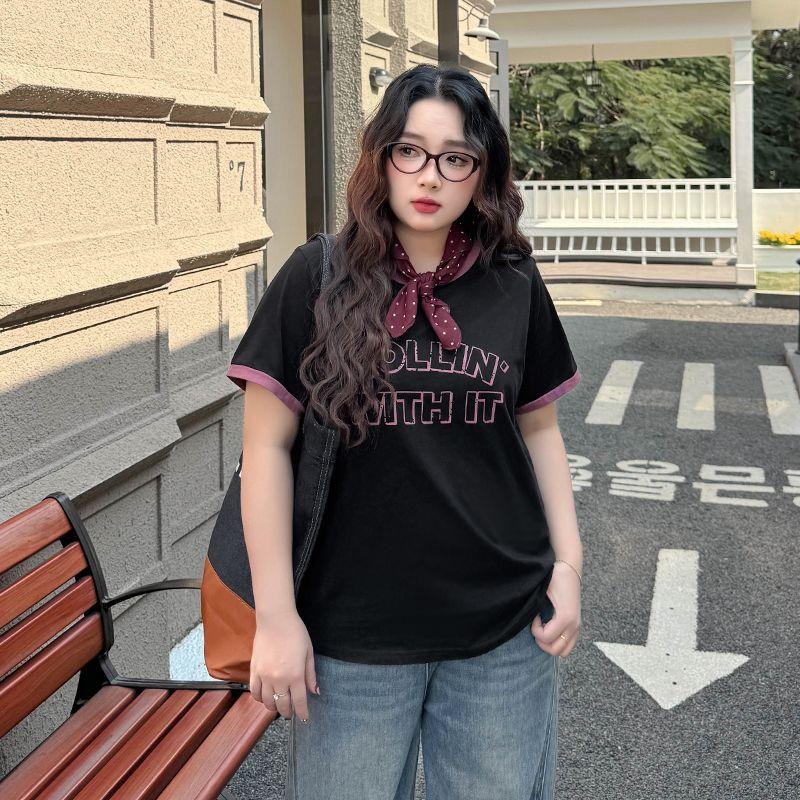 

Size Women s Clothing [Interesting Colorful T] Minimalist Contrast Color round Neck Print Short-Sleeved T-shirt Summer Belly-Covering Slimming Top Black 7xl