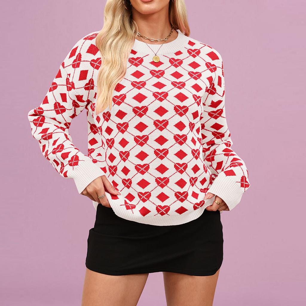 Women's Fashionable Round Neck Long Sleeved Heart-shaped Pullover, Contrasting Color Pullover, Sweater Top