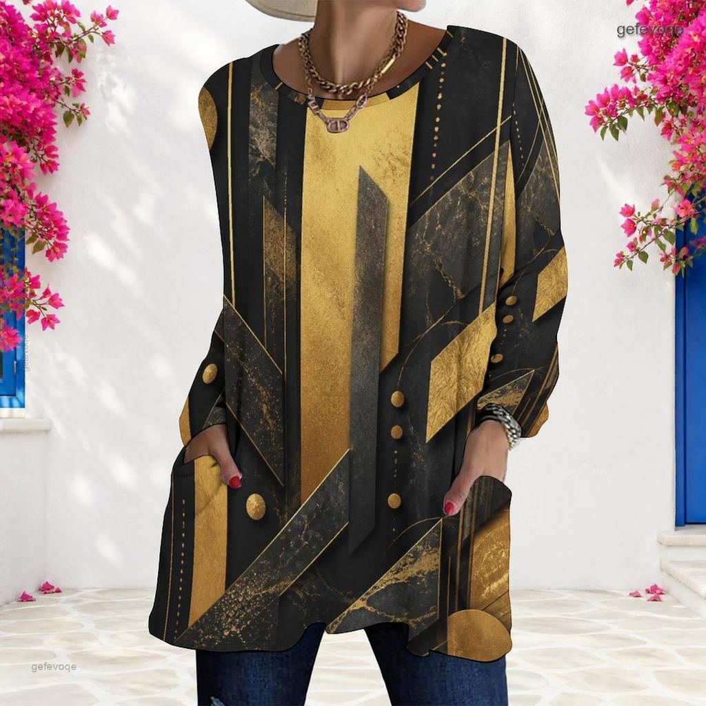 Women Plus Size Round Neck Long Sleeve Printed Light Purple Loose T Shirt With Pockets