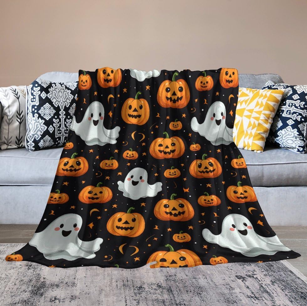 Cute Ghost Pumpkin Flannel Throw Blanket Black Background Jack O Lantern Moon Star Halloween Soft Blanket