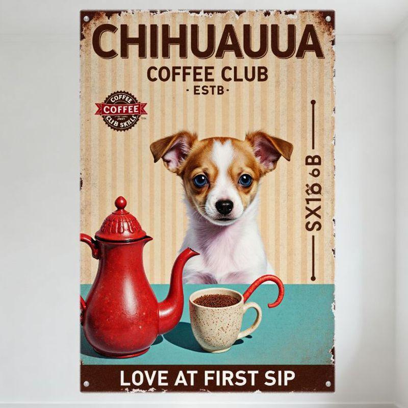 

Vintage Chihuahua Coffee Club Metal Tin Sign, Cute Puppy & Coffee Teapot Design, Love At First Sip Home Decor for Cafe Bar Man 20x30cm（7.8x11.8inch）