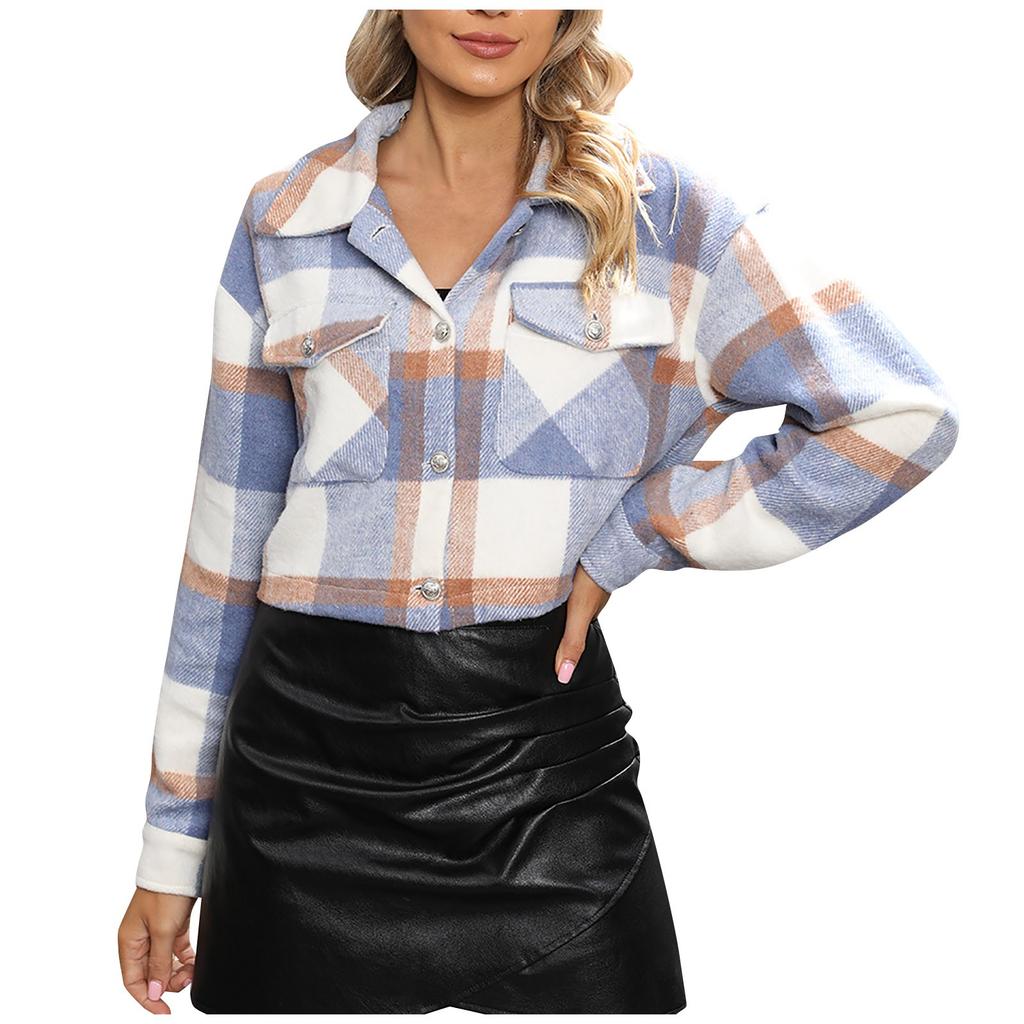 Women's Jacket  Jacket Long Sleeve Plaid Button Down Shirt Jacket Top Winter