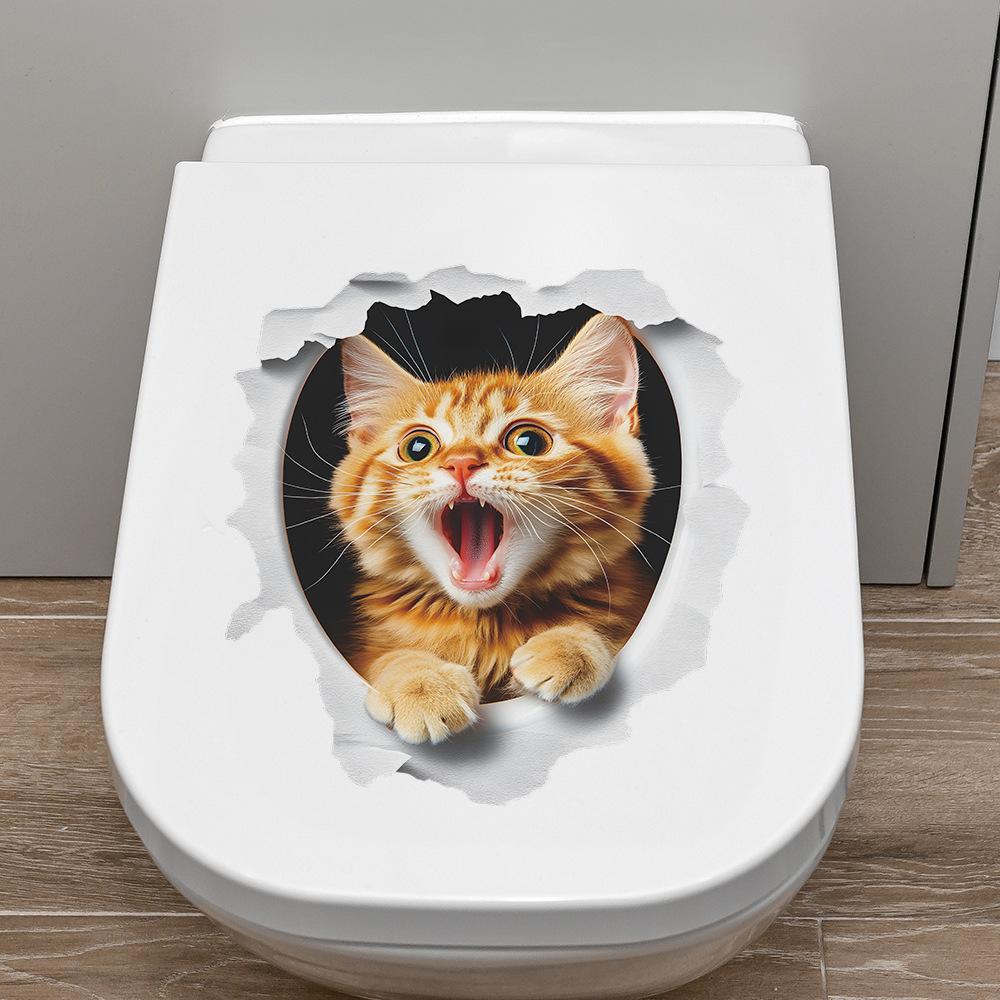 Fierce Cute Cat Breaking Through Wall Toilet Sticker Self-Adhesive Removable Bathroom Funny Home Decor Art