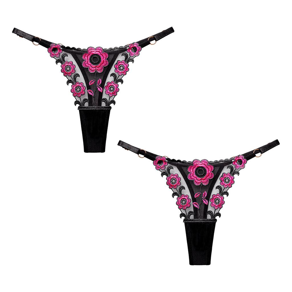 2 Pcs Women Thong Floral Embroidery See-through Lace Briefs