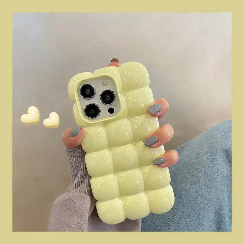 Cute Cartoon 3D Block Lattice Case for iPhone 15 14 13 16 Pro Max 12 11 Glossy Candy Solid Color Soft Silicone Shockproof Cover