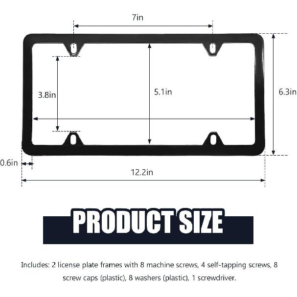 2 PCS Car License Plate Frames, 4 Holes Stainless Steel Auto Tag Holder with Screws Washers Caps, Rustproof Universal Front Rear License Plate Cover