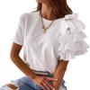 Women Summer T-shirt Asymmetrical Short Sleeve Multi-Layered Ruffles T-shirt Round Neck Single Color Tee Tops Streetwear