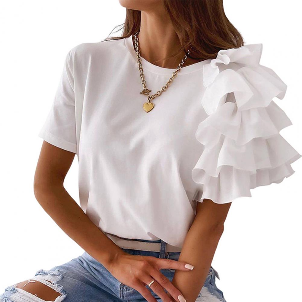 

Женская летняя футболка, асимметричная многослойная футболка с короткими рукавами и оборками, однотонные футболки с круглым вырезом, уличная одежда XXL белый