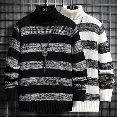 Men's High Neck Casual Pullover Long Sleeve Sweater Winter Warm Striped Pullover Knit Sweater