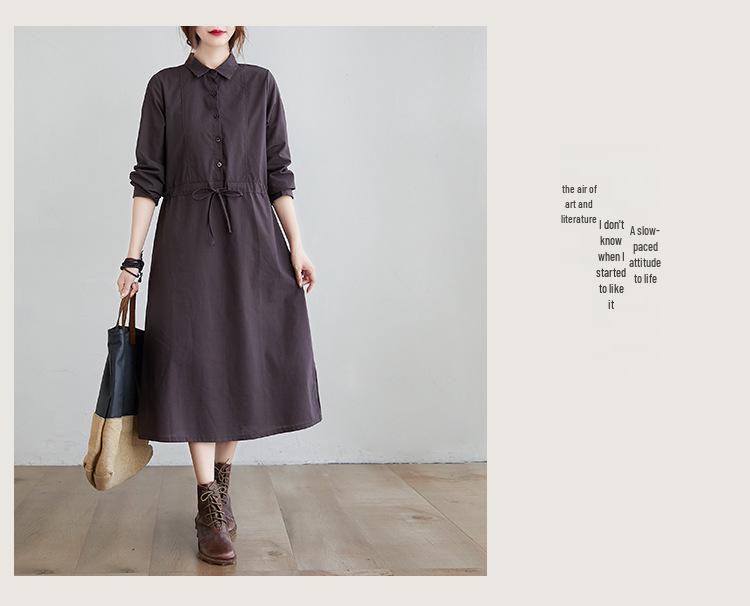 2025 Autumn Korean Style Cotton-Linen Polo Collar Elegant Long Sleeve Shirt Dress
