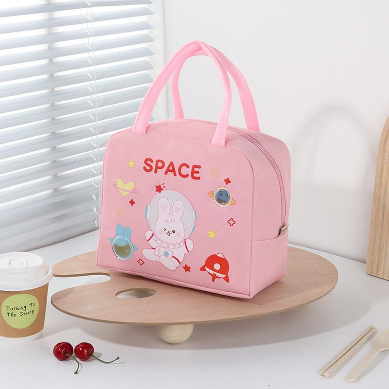 Cute Cartoon Oxford Insulated Lunch Bag For Work And School Pink Astronaut Rabbit