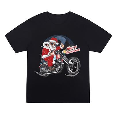 Weihnachtsmann auf einem Motorrad Lustige Persönlichkeit Reines Baumwoll-Bedrucktes T-Shirt Herren und Damen Lässig Locker Übergroß To