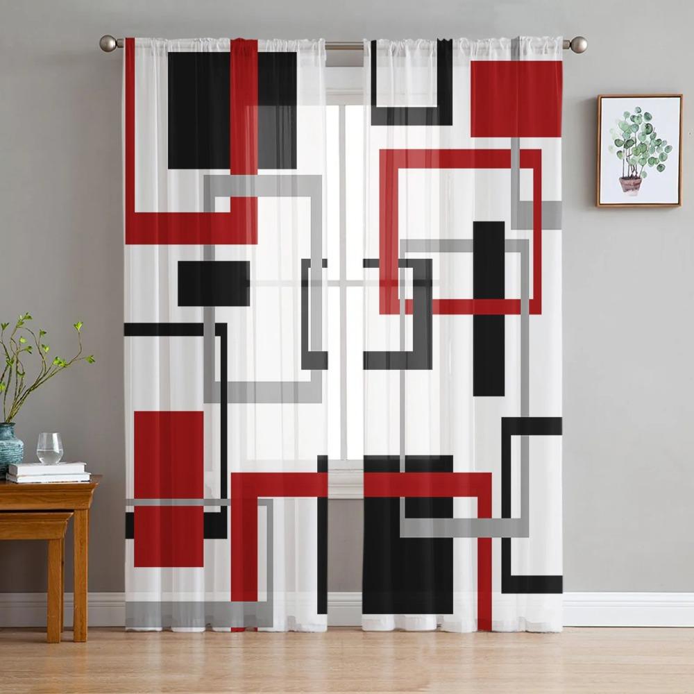Abstract Geometric Squares Art Black Red Translucent Curtain Living Room Printed Tulle Window Drape Elegant Luxury Home Balcony Decor Curtains