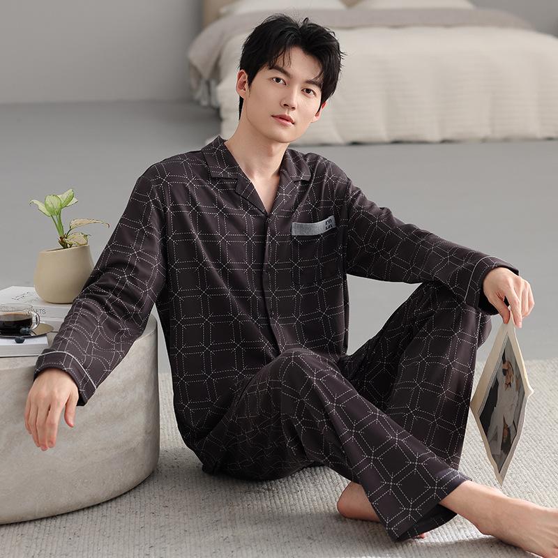 Men's pajamas spring and autumn pure cotton long-sleeved cardigan spring and autumn men's dad plus size cotton loungewear set