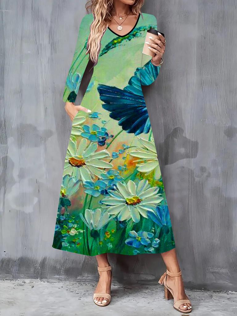 2025 Autumn and Winter New Women Casual Fashion Dress 3D Butterfly Print  Long Sleeve V-Neck A-Line Dresses