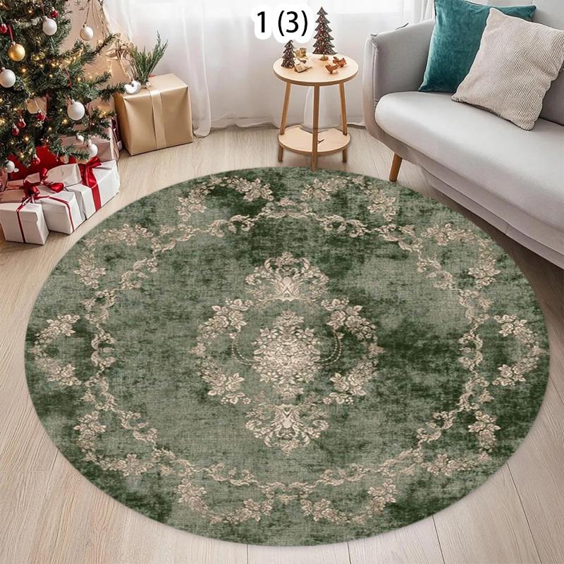 

Green Round Carpet Mat Rug with Vintage Floral Pattern Non-slip Soft Floor Cover for Living Room Bedroom Home Decoration 80cm x 80cm