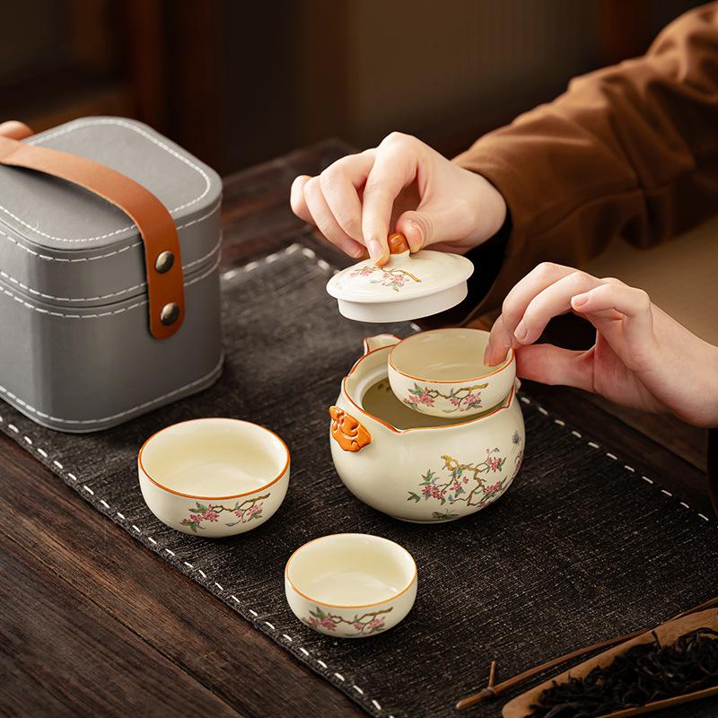 Simple leather bag set, Ru kiln fresh wisteria flower tea ware, high-end sense of business trip, Kung Fu portable express cup can be customized