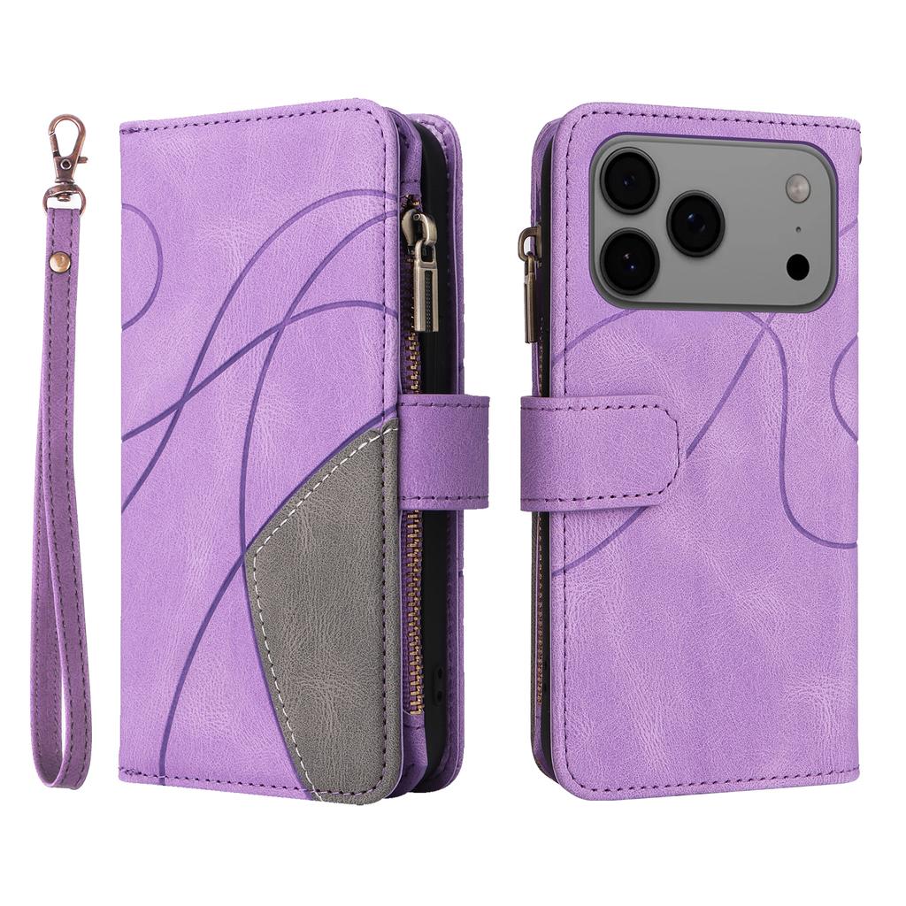 For iPhone 17 Pro Max Leather Case with Strap Zipper 9 Card Slot Phone Cover Stand