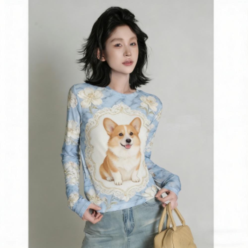 Spring Fashion Flower Dog Print Women's T-shirt Europe America Casual Pullover Women Long Sleeve Clothing Outdoor Street Tees Top