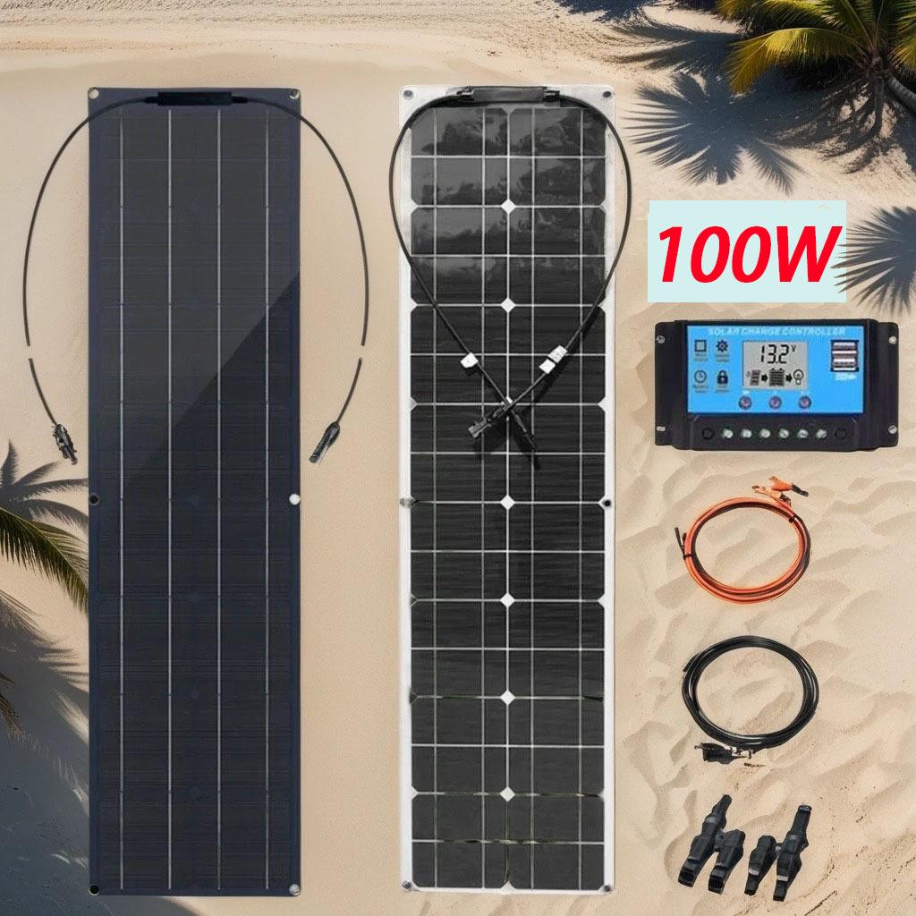 100W Flexible Solar Panel & Controller Kit - 2pcs Photovoltaic System Set