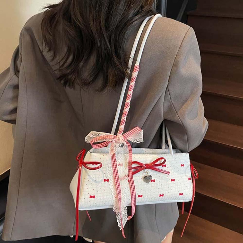Sweet Bow PU Shoulder Bag Lace Ribbon Underarm Bags High Quality French Stick Handbag  Women