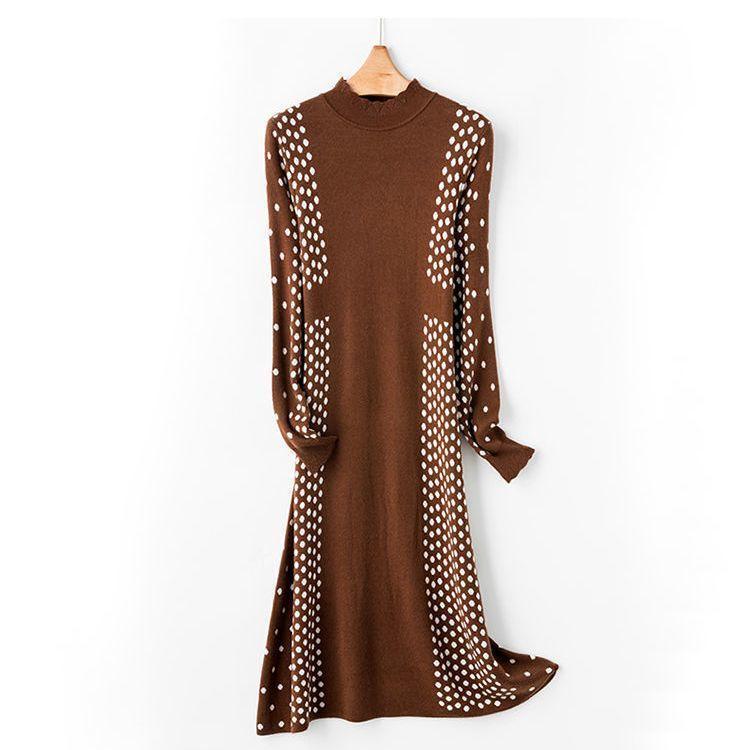 Autumn Winter Women's Half Turtleneck Knit Dress Slim Fit Polka Dot Print Pullover Long Sweater Dress