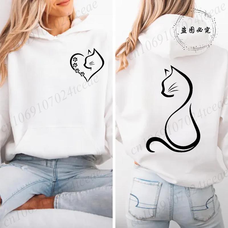 Love Heart Cat Fashion Teen Sweatshirt Fleece Autumn Winter Female Hoodies Hooded Sweatshirts Womens Cat Lover Sporwear  Tops