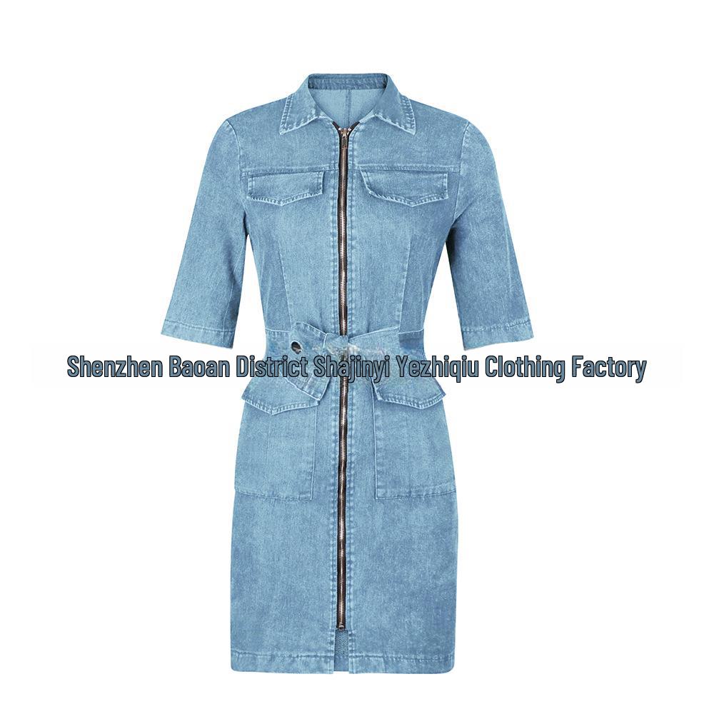 Slim Solid Color Women's Denim Dress with Zipper, Tie Waist - European & American Style