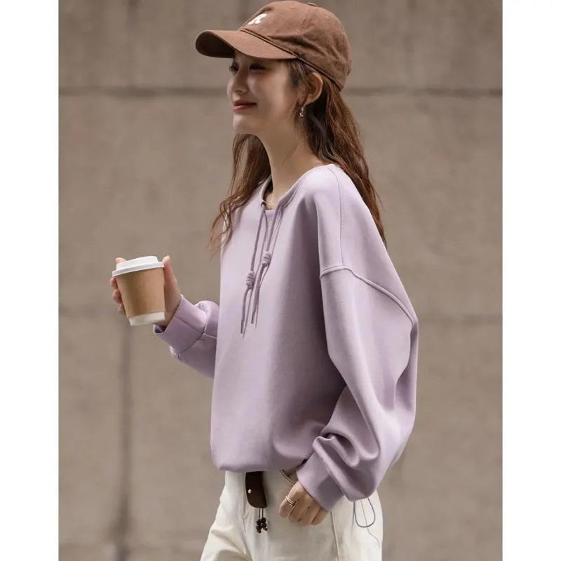Women Lavender Drawstring Crew Neck Long Sleeve Sweatshirt