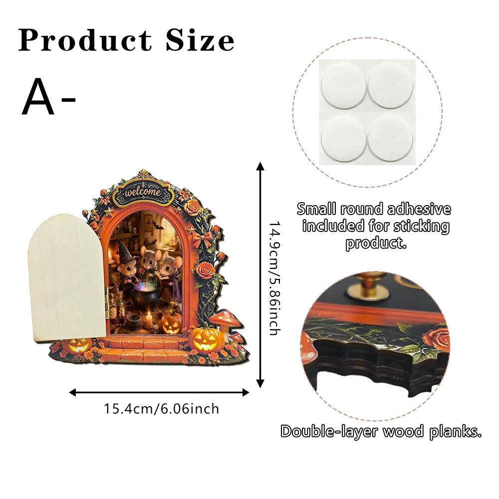 Halloween Fairy Tale Style Pumpkin Rose Mouse Hole Double-layer Wooden Board Home Wall Decoration Item Hanger Ornament