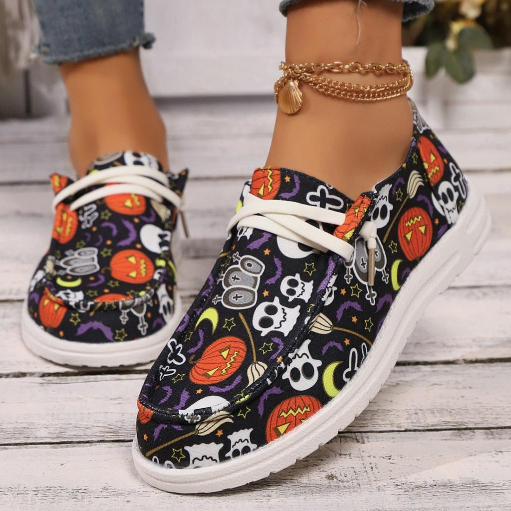 Plus Size Spring and Autumn New Casual Single Shoes Women's Halloween Pumpkin Ghost Skull Women's Single Shoes