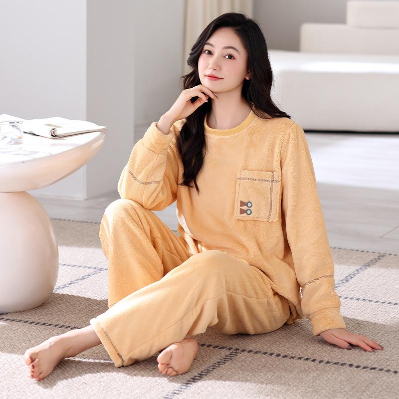 Coral Fleece Pajamas Women'S Autumn And Winter Long-Sleeved Casual Wear Thickened Fleece Flannel Loungewear Winter Suit