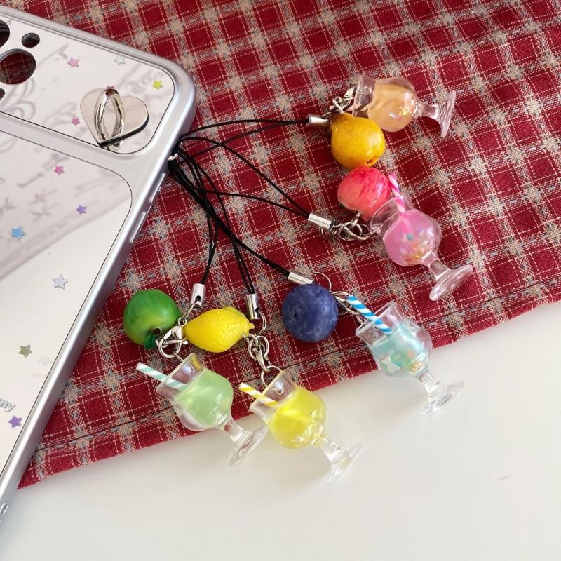 Miniature Drink Cup Keychain with Fruit Pendant Beaded Keyring Bag Accessories Gift for Women and Girls