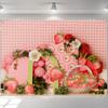 LS Strawberry Themed Kids Photography Backdrop Pink Gingham Balloons Cute Decorations Birthday Cake Smash Baby Sweet Backgrounds
